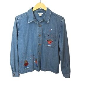 Christopher & Banks Denim Shirt Embroidered‎ Teddy Bears Blue Womens Medium